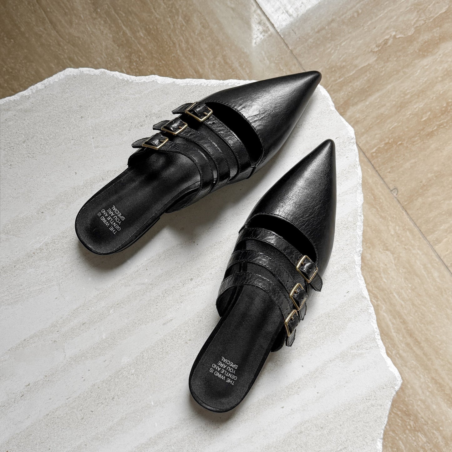 Women's Modern Leather Pointed-Toe Mules - Triple Buckle Straps - 2.5cm Low Heel