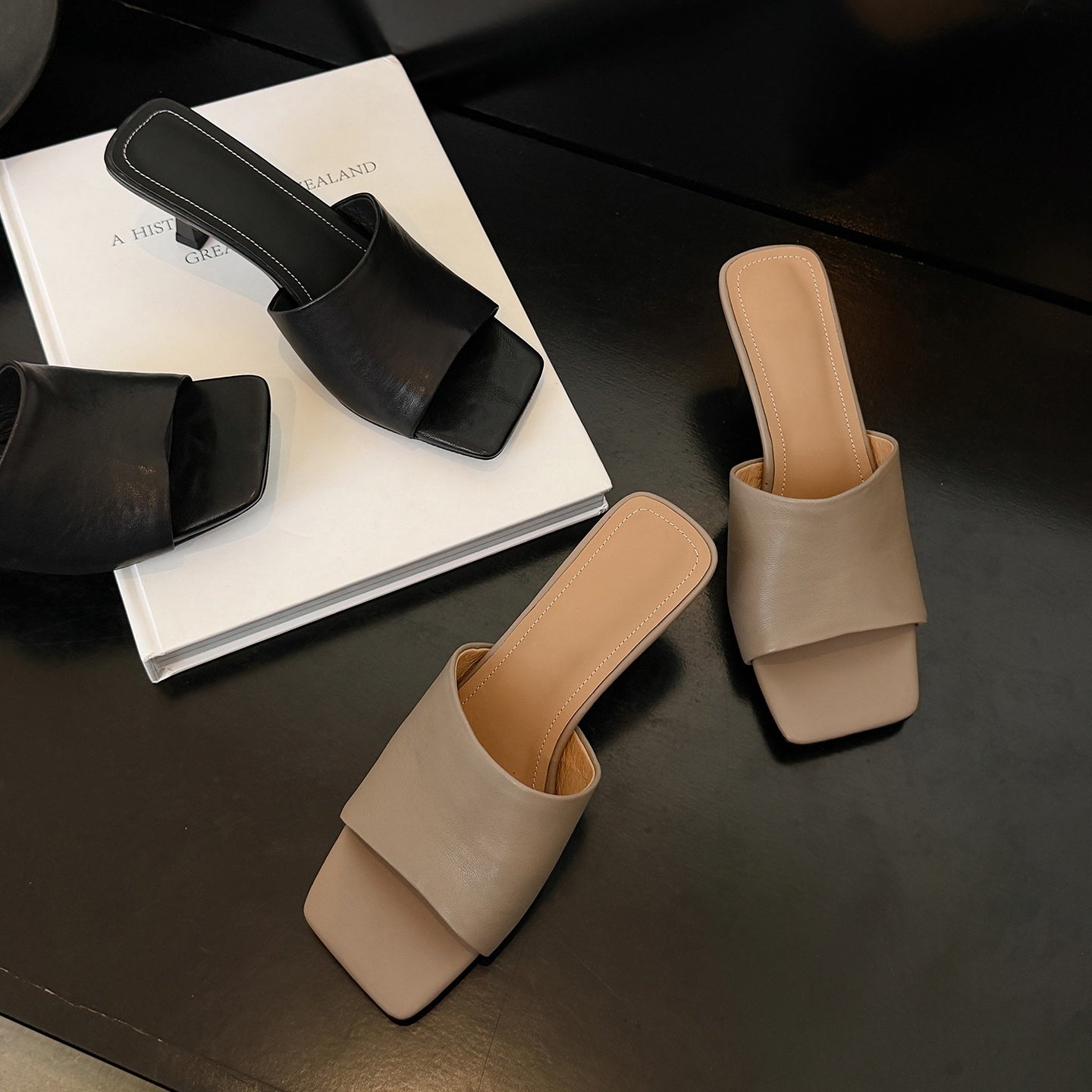 Women's Square Toe High Heel Mules Leather Open Toe Slide Sandals
