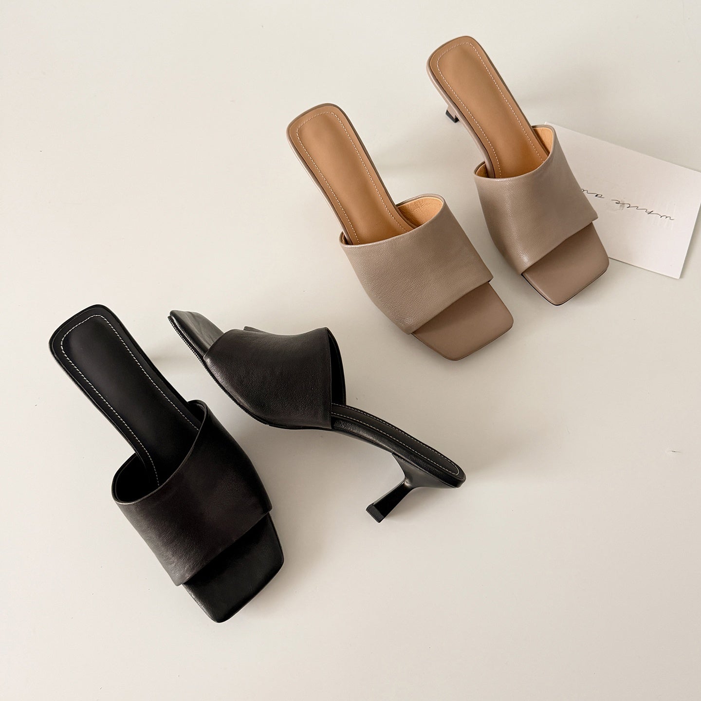 Women's Square Toe High Heel Mules Leather Open Toe Slide Sandals