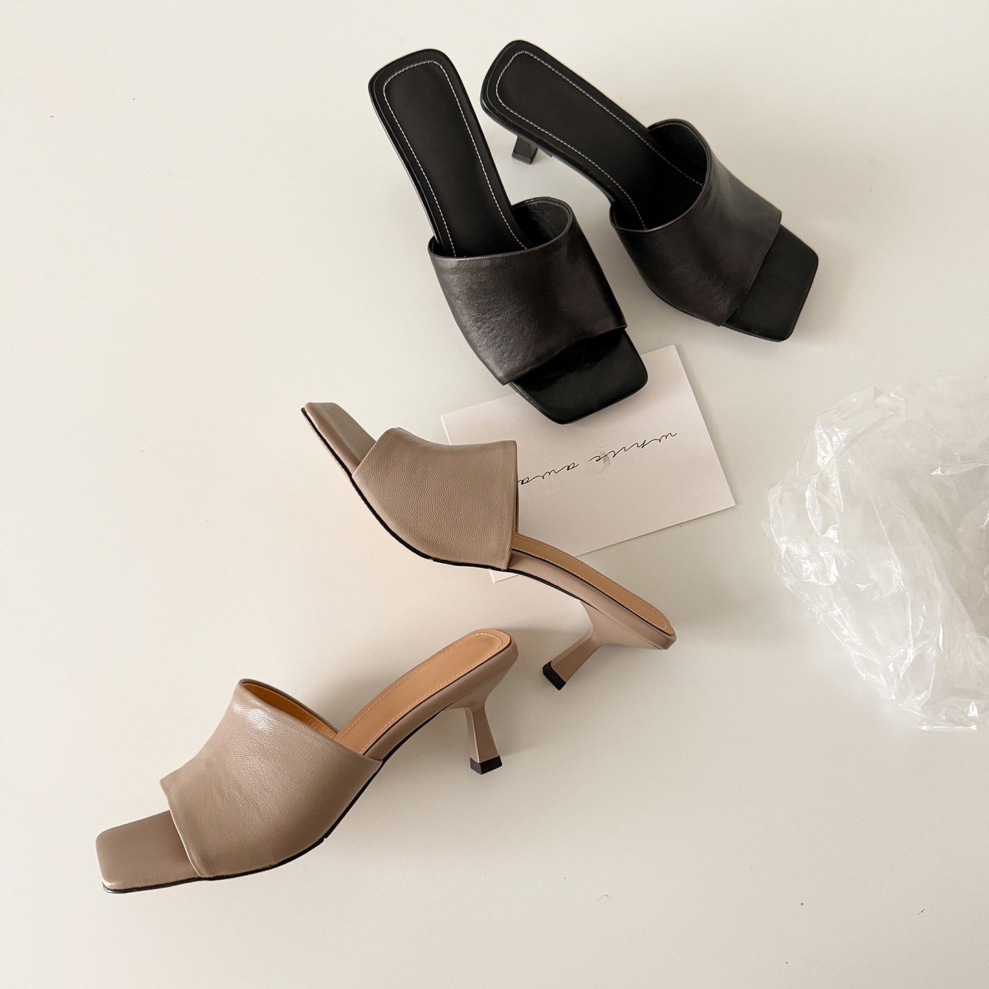 Women's Square Toe High Heel Mules Leather Open Toe Slide Sandals