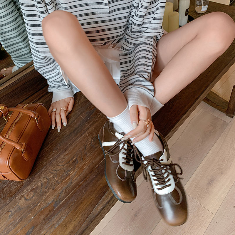 Women's Cowhide Sneakers Walking Hidden Heel Contrast Stripe Lace-up Derby