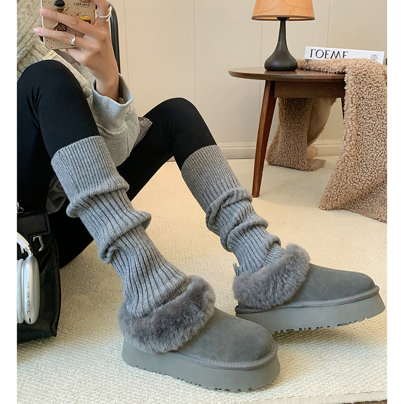 Women's Genuine Leather Platform Fleece-lined Winter Warm Snow Mules