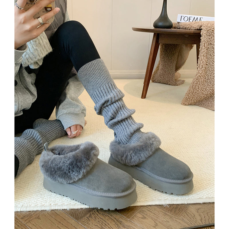 Women's Genuine Leather Platform Fleece-lined Winter Warm Snow Mules