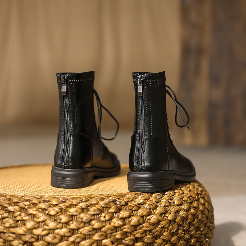 Women's Leather Ankle Boots Round Toe Lace-up Zipper Stretch Combat Flat Booties