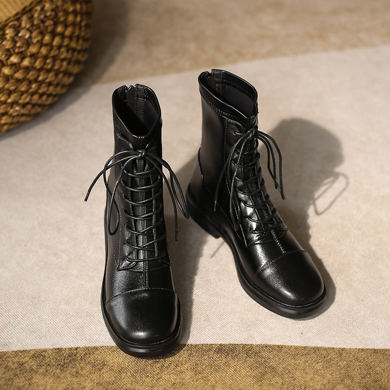 Women's Leather Ankle Boots Round Toe Lace-up Zipper Stretch Combat Flat Booties