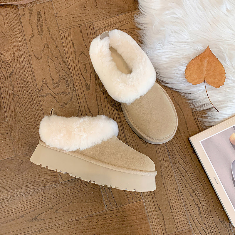 Women's Genuine Leather Platform Fleece-lined Winter Warm Snow Mules