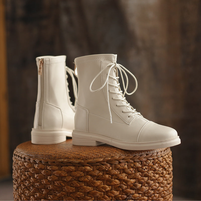 Women's Leather Ankle Boots Round Toe Lace-up Zipper Stretch Combat Flat Booties