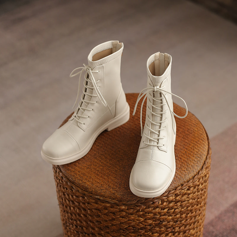 Women's Leather Ankle Boots Round Toe Lace-up Zipper Stretch Combat Flat Booties