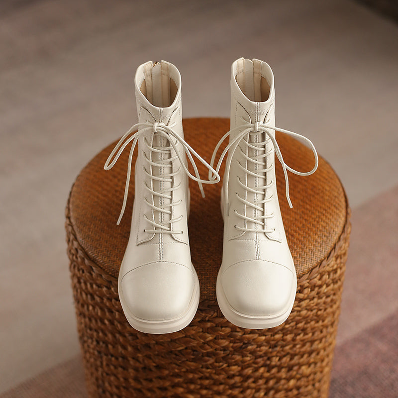Women's Leather Ankle Boots Round Toe Lace-up Zipper Stretch Combat Flat Booties