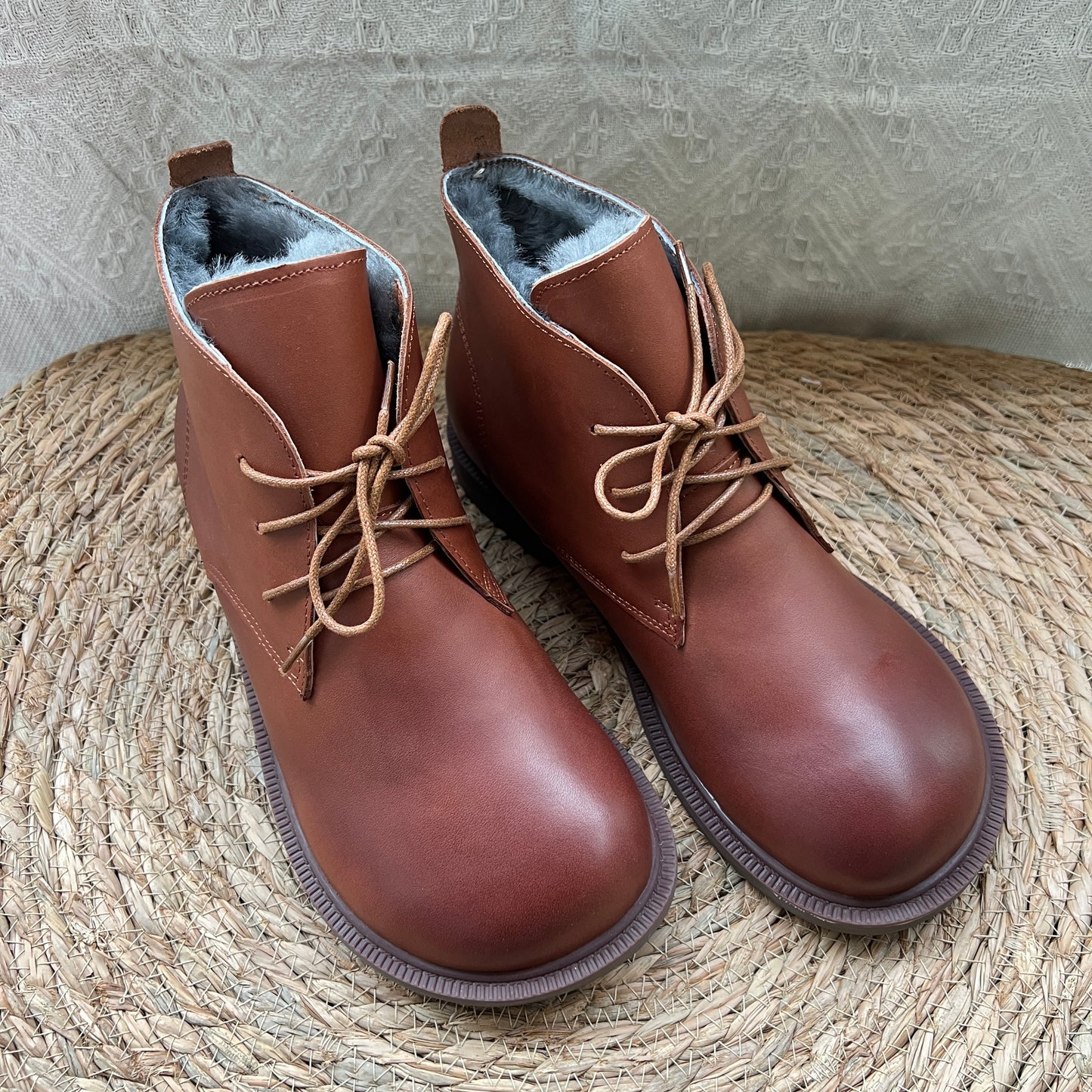 Women's Vintage Wide Toe Leather Boots – Handmade Wool Lined Short Boots