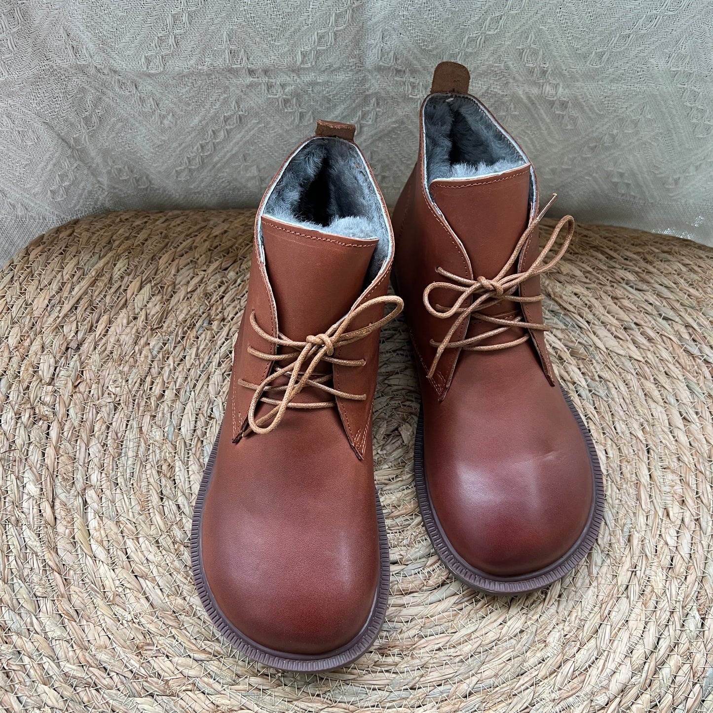 Women's Vintage Wide Toe Leather Boots – Handmade Wool Lined Short Boots
