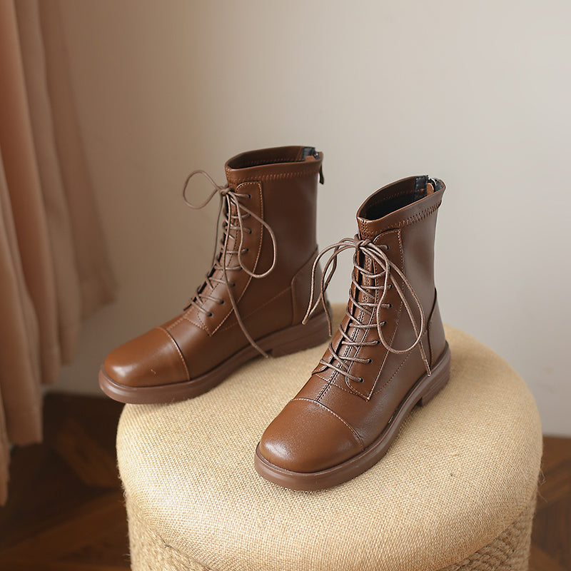 Women's Leather Ankle Boots Round Toe Lace-up Zipper Stretch Combat Flat Booties