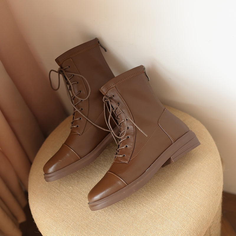 Women's Leather Ankle Boots Round Toe Lace-up Zipper Stretch Combat Flat Booties