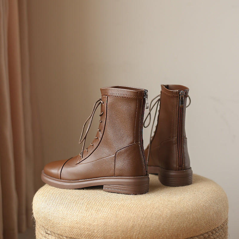 Women's Leather Ankle Boots Round Toe Lace-up Zipper Stretch Combat Flat Booties