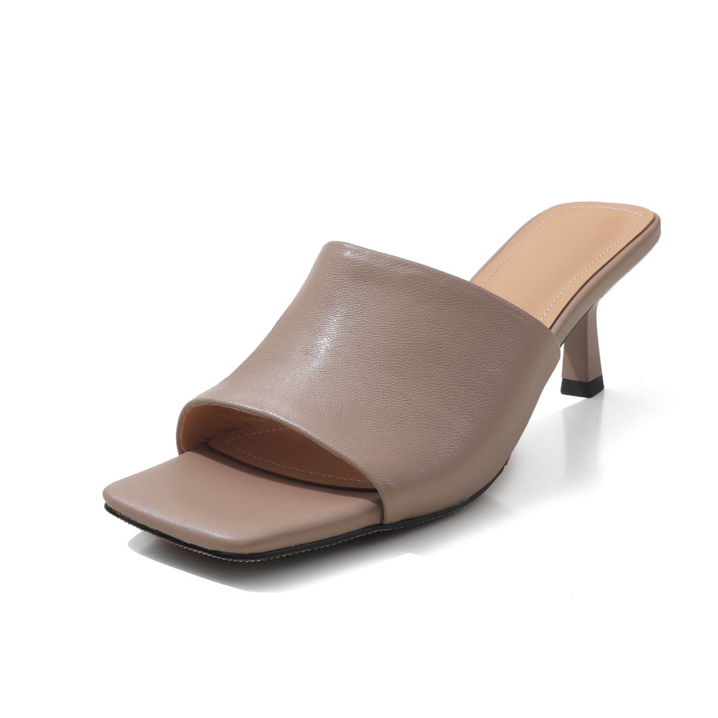 Women's Square Toe High Heel Mules Leather Open Toe Slide Sandals