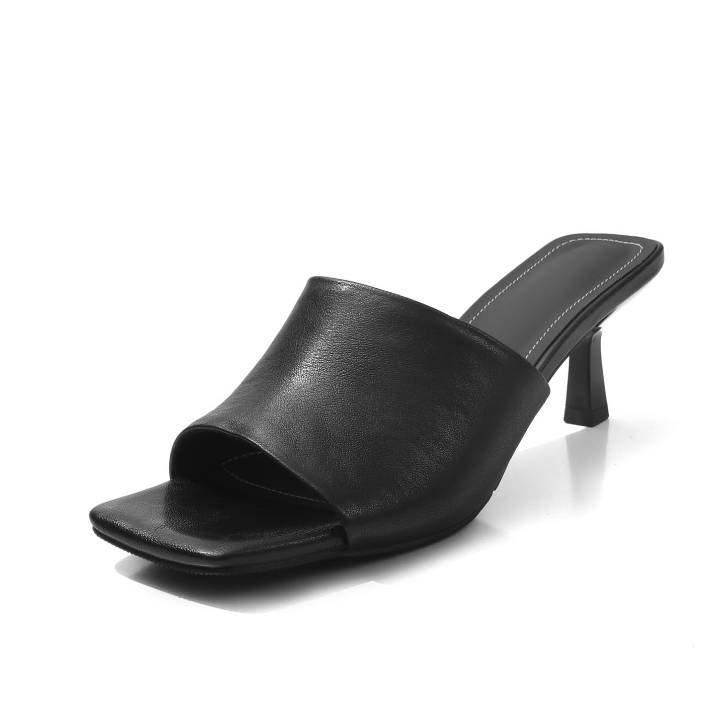 Women's Square Toe High Heel Mules Leather Open Toe Slide Sandals