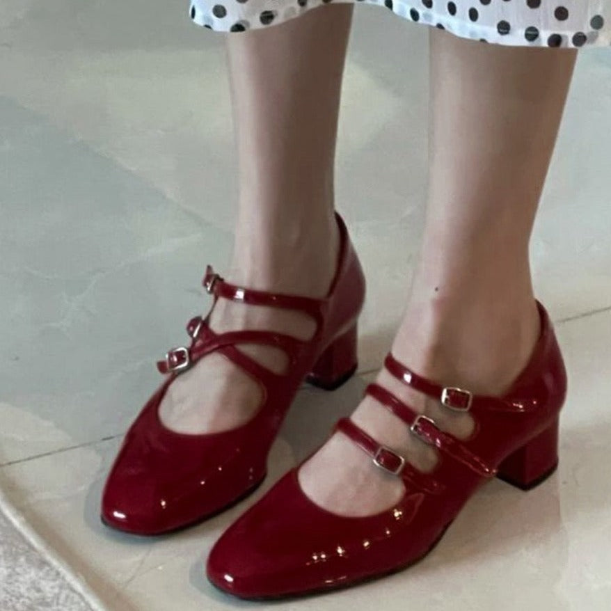 Womens Leather Mary Jane Heels Triple-strap Ballerina Shoes