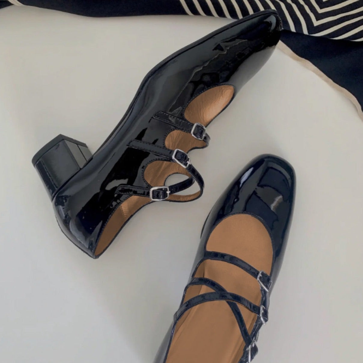 Womens Leather Mary Jane Heels Triple-strap Ballerina Shoes