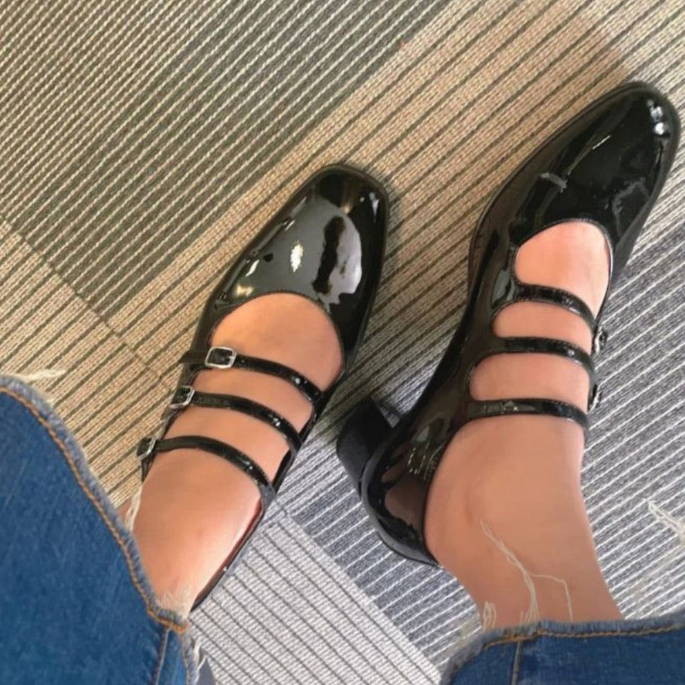 Womens Leather Mary Jane Heels Triple-strap Ballerina Shoes