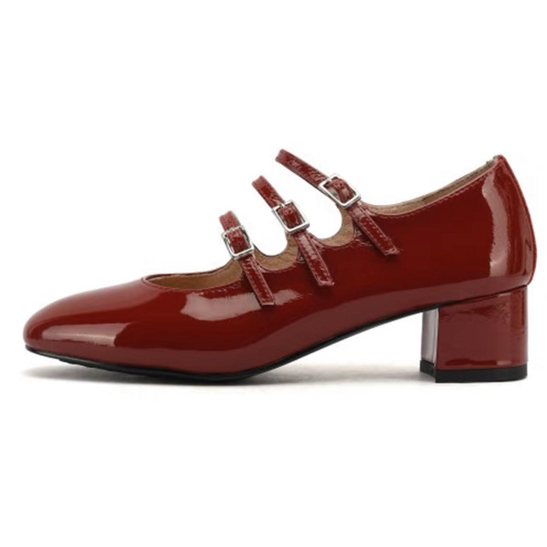Womens Leather Mary Jane Heels Triple-strap Ballerina Shoes