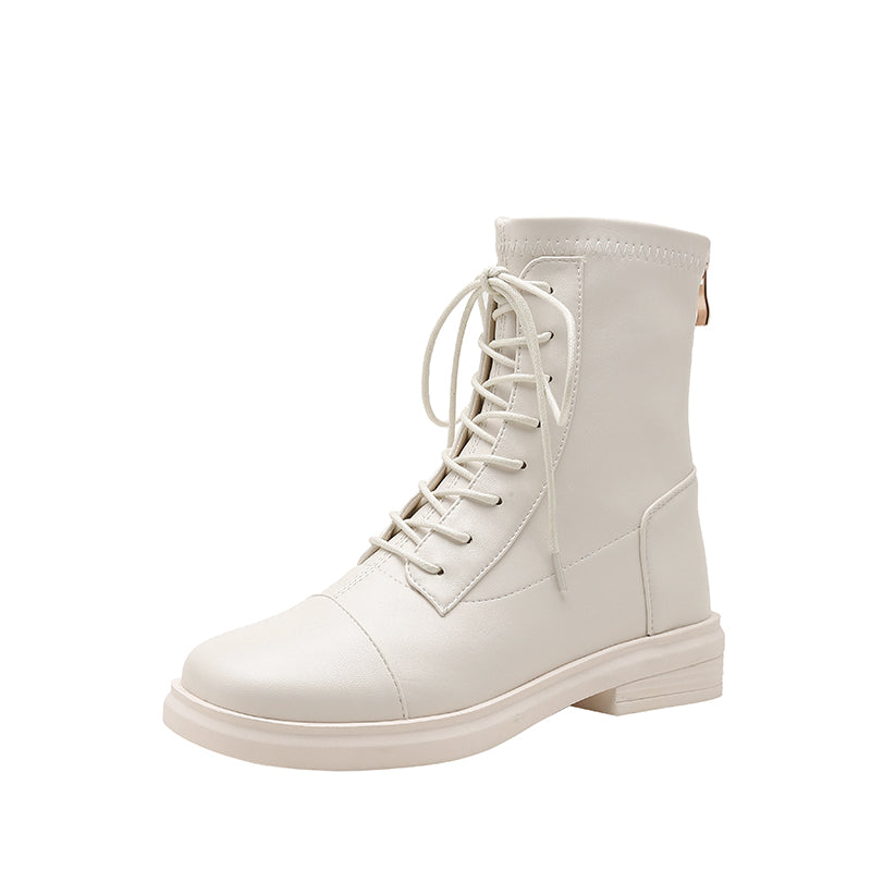 Women's Leather Ankle Boots Round Toe Lace-up Zipper Stretch Combat Flat Booties