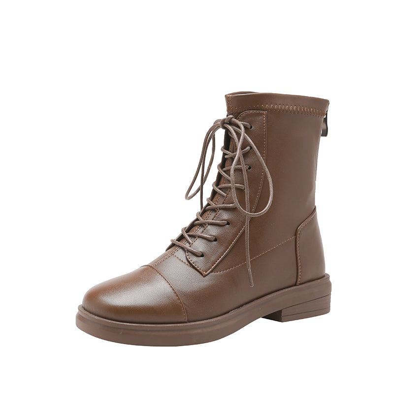 Women's Leather Ankle Boots Round Toe Lace-up Zipper Stretch Combat Flat Booties