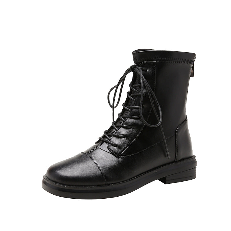 Women's Leather Ankle Boots Round Toe Lace-up Zipper Stretch Combat Flat Booties
