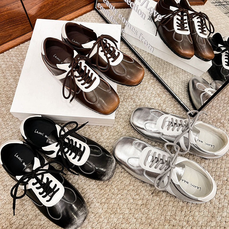 Women's Cowhide Sneakers Walking Hidden Heel Contrast Stripe Lace-up Derby