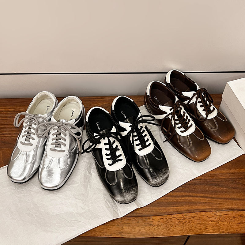 Women's Cowhide Sneakers Walking Hidden Heel Contrast Stripe Lace-up Derby