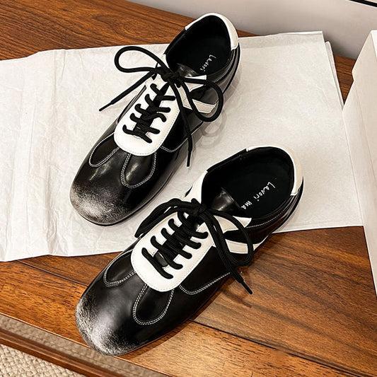 Women's Cowhide Sneakers Walking Hidden Heel Contrast Stripe Lace-up Derby