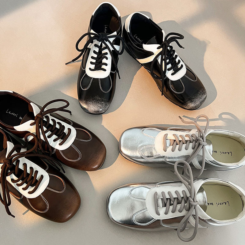Women's Cowhide Sneakers Walking Hidden Heel Contrast Stripe Lace-up Derby