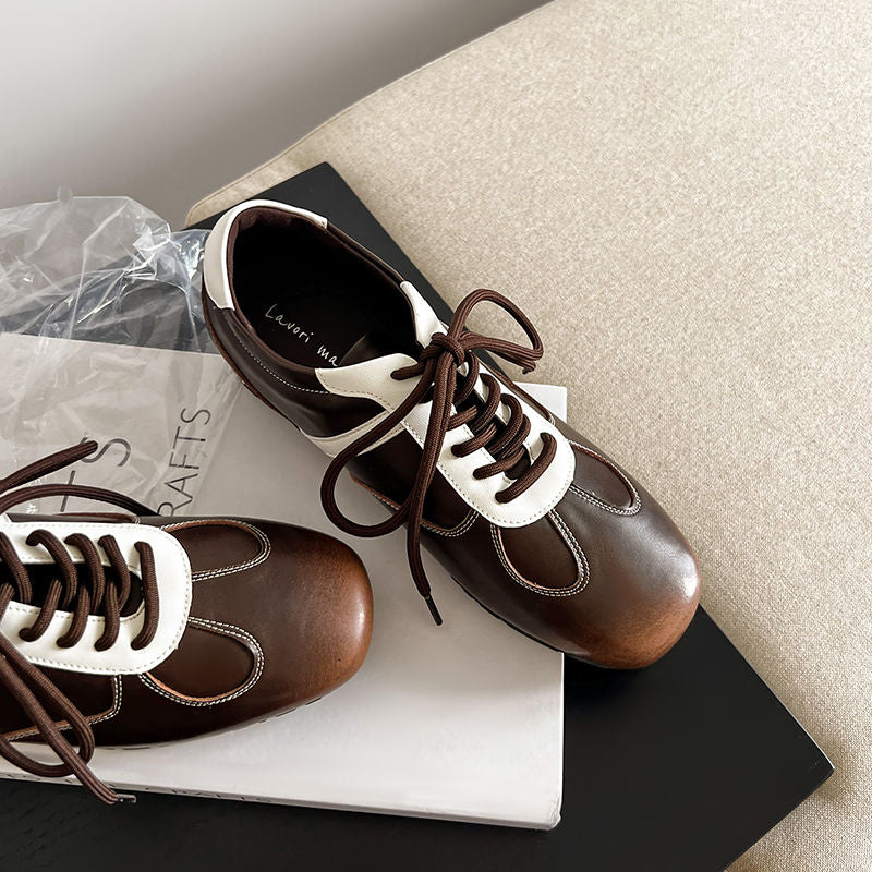 Women's Cowhide Sneakers Walking Hidden Heel Contrast Stripe Lace-up Derby