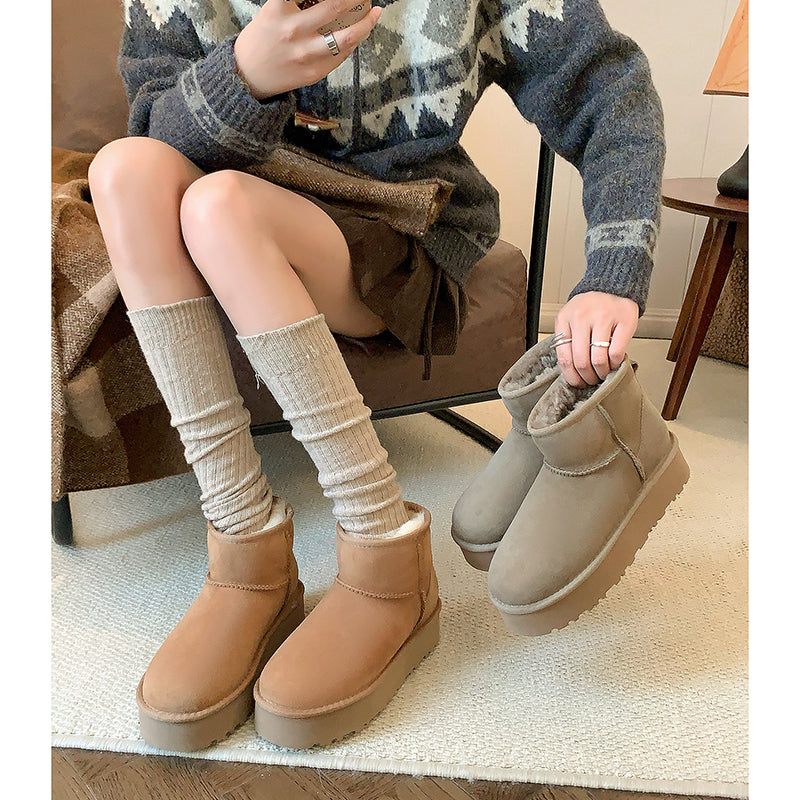Women's Genuine Leather Platform Fleece-lined Winter Warm Snow Boots