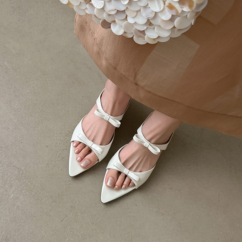 Women's Parisian Chic Lambskin Bow-Knot Mules - Pointed Toe Bow Sandals - Luxury Leather Summer Shoes