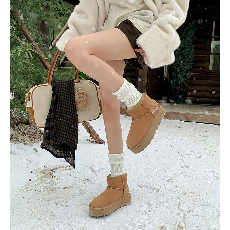 Women's Genuine Leather Platform Fleece-lined Winter Warm Snow Boots