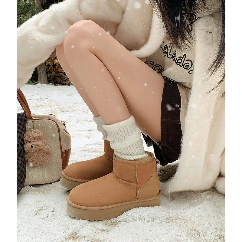 Women's Genuine Leather Platform Fleece-lined Winter Warm Snow Boots