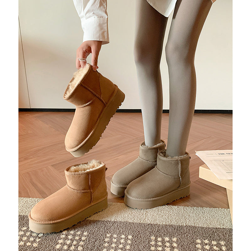 Women's Genuine Leather Platform Fleece-lined Winter Warm Snow Boots