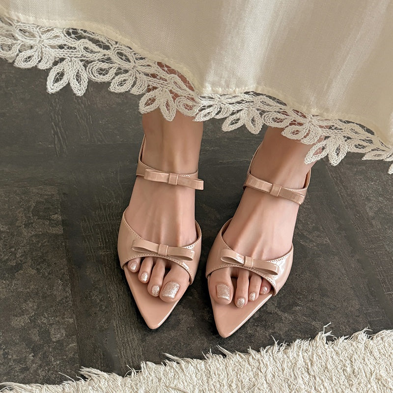 Women's Parisian Chic Lambskin Bow-Knot Mules - Pointed Toe Bow Sandals - Luxury Leather Summer Shoes