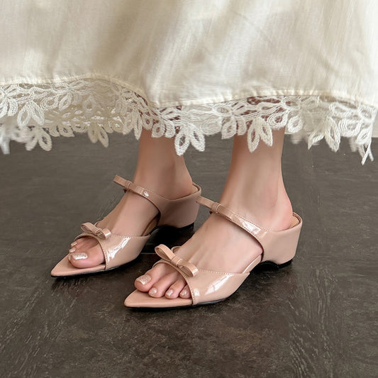 Women's Parisian Chic Lambskin Bow-Knot Mules - Pointed Toe Bow Sandals - Luxury Leather Summer Shoes