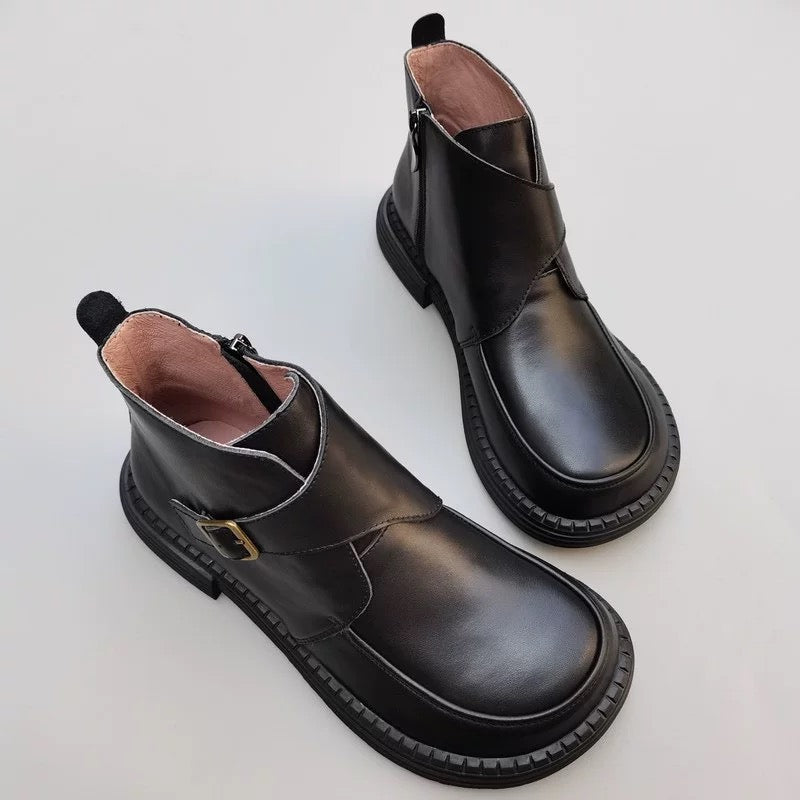 Genuine Leather Women's Ankle Boots - Big Toe Box Platform Work Boots