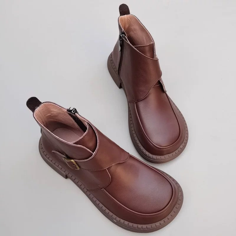Genuine Leather Women's Ankle Boots - Big Toe Box Platform Work Boots