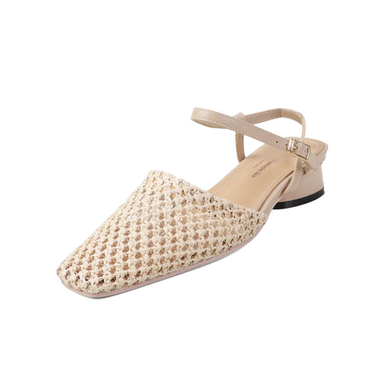 Women's Square Toe Low Block Heel Sandals – Woven Mesh, Buckle