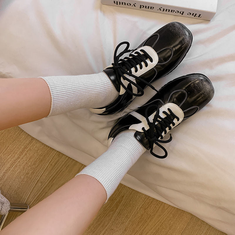 Women's Cowhide Sneakers Walking Hidden Heel Contrast Stripe Lace-up Derby