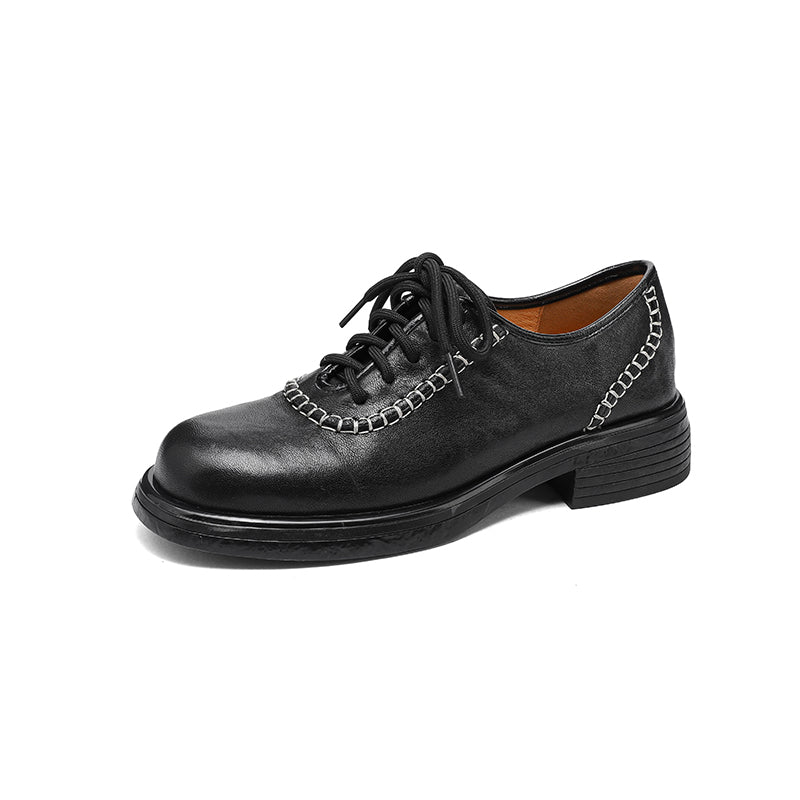 Women's Retro Leather Oxford Shoes Vintage Round Toe Platform Chunky Heels