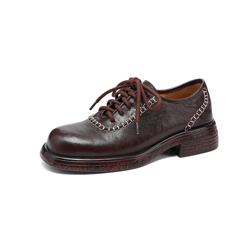 Women's Retro Leather Oxford Shoes Vintage Round Toe Platform Chunky Heels
