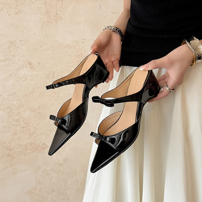 Women's Parisian Chic Lambskin Bow-Knot Mules - Pointed Toe Bow Sandals - Luxury Leather Summer Shoes
