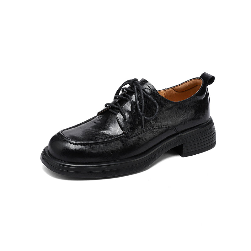 Women's Retro Leather Derby Shoes Vintage Round Toe Platform Oxfords