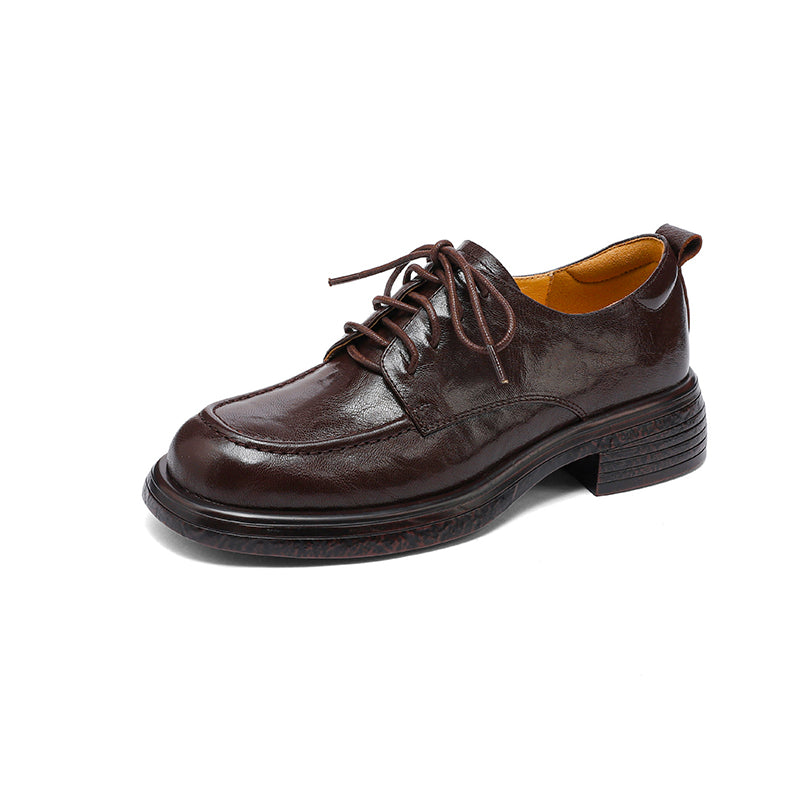 Women's Retro Leather Derby Shoes Vintage Round Toe Platform Oxfords
