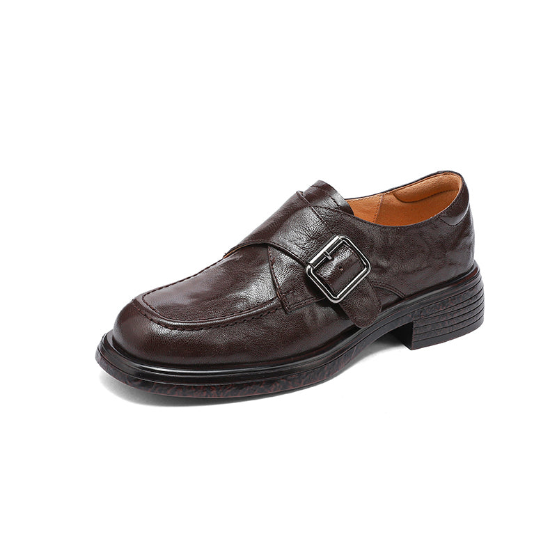 Women's Retro Leather Monk Strap Loafers Vintage Round Toe Platform Flats