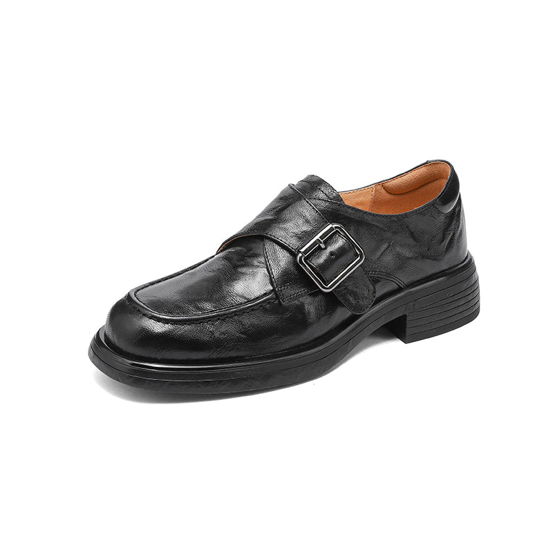 Women's Retro Leather Monk Strap Loafers Vintage Round Toe Platform Flats